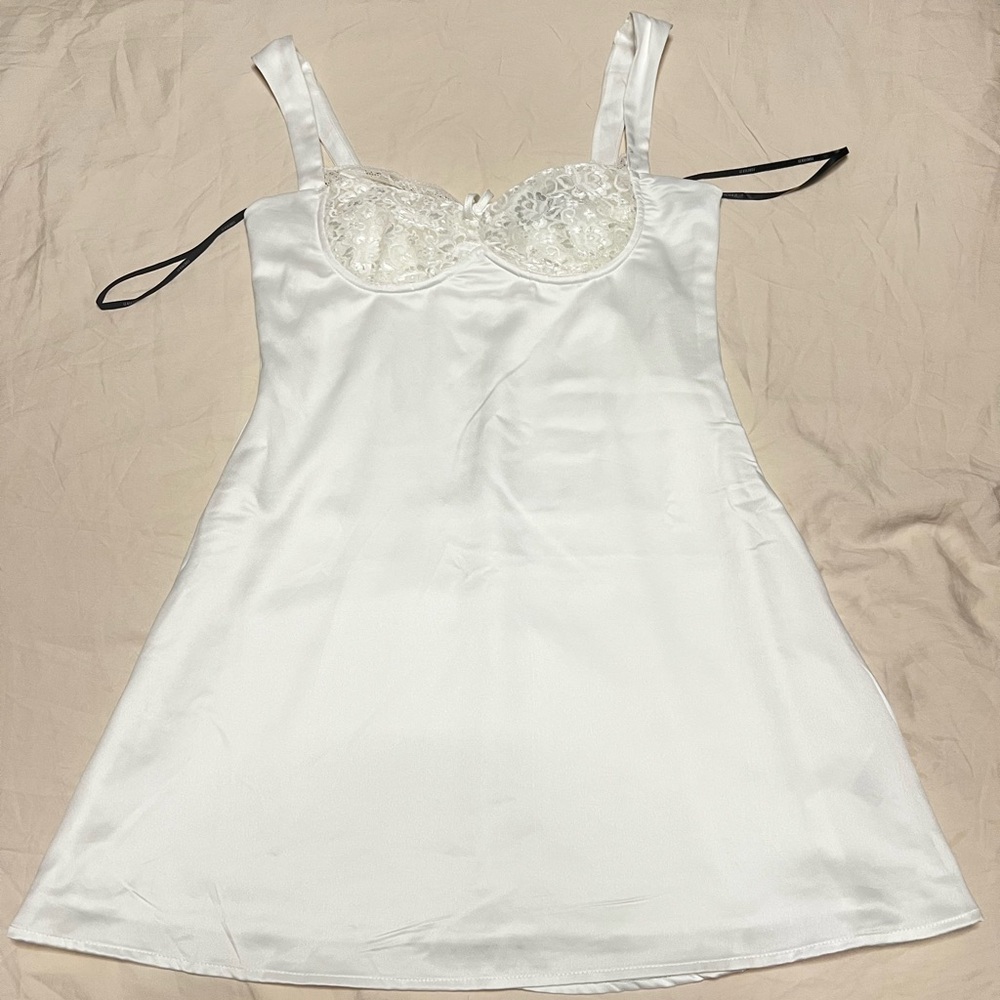 Forever 21 White Satin Chemise with Lace Detail